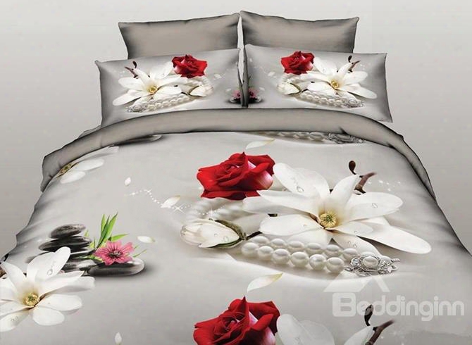 Fresh Magnolia And Rose Print 4-piece Polyester Duvet Cover Sets