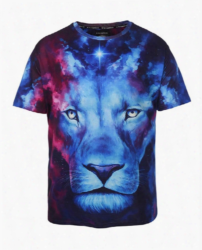 Galaxy Lion Face Plus Size Cool Short Sleeve Round Neck 3d Painted T-shirt