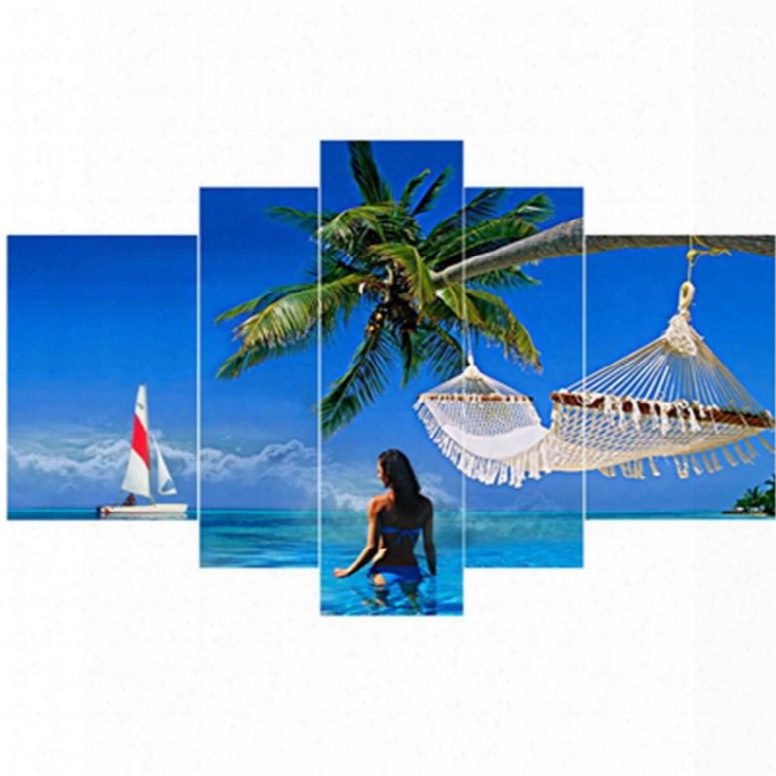 Girl In Blue Sky And Sea Hanging 5-piece Canvas Eco-friendly Waterproof Non-framed Prints