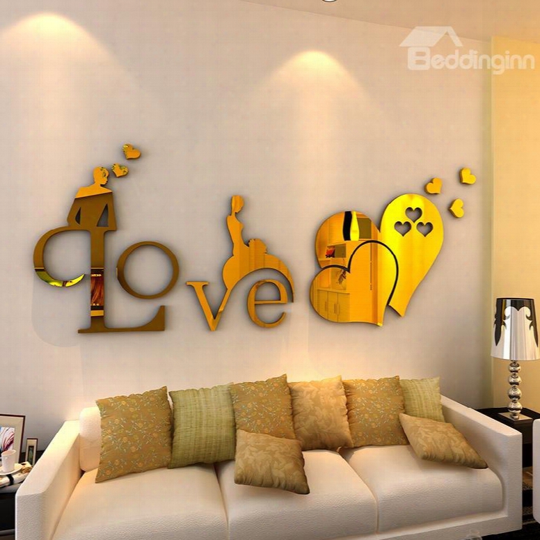 Golden Love And Heart-shaped Pattern Acrylic Mirror Waterproof And Eco-frie Ndly 3d Wall Stickers