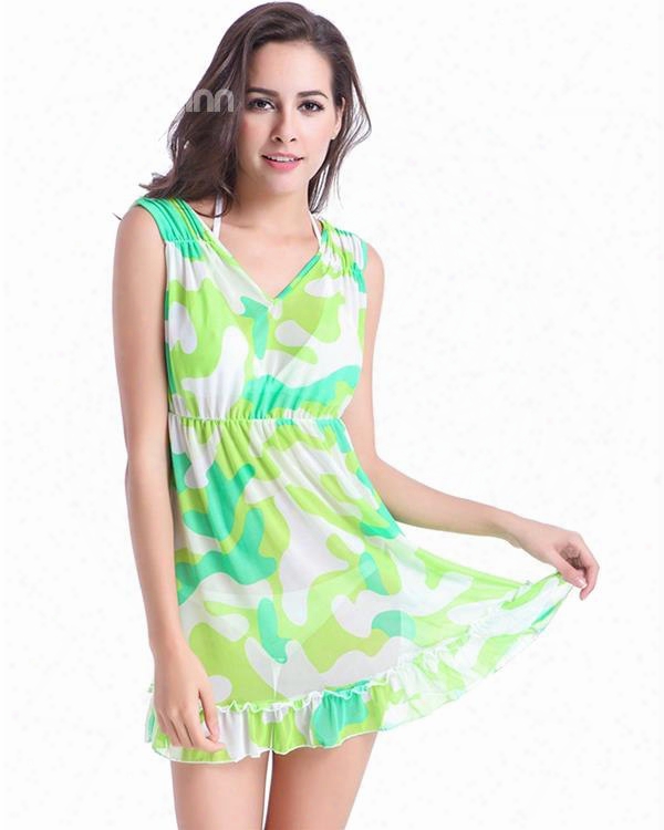 Green And Red Colorful Camouflage Strip Monokini V-neck Hilter One-piece Swimwear