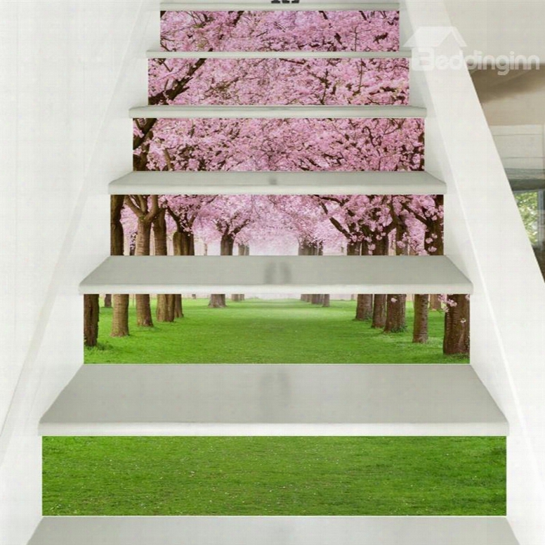 Green Grass And Pink Fllowers Pattern 6-piece 3d Pvc Waterproof Stair Mural