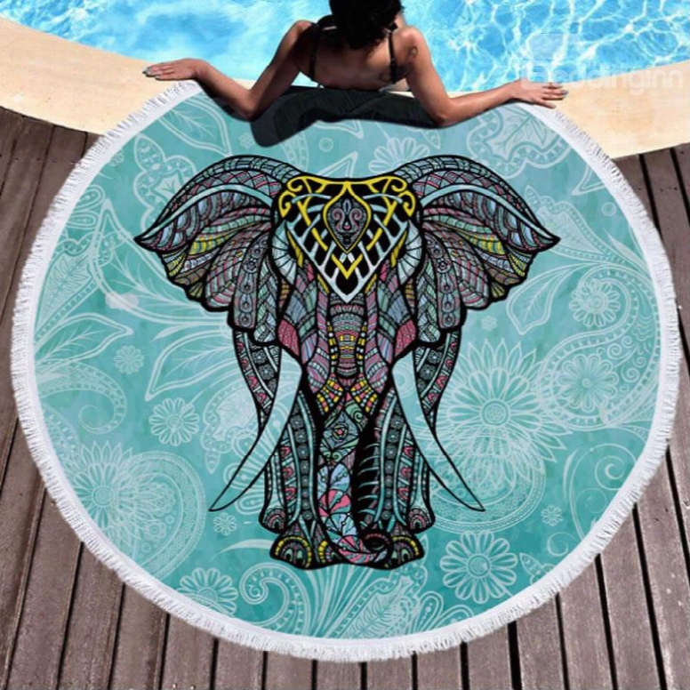 Green Summer Cool Thai Elephant With Tassels Cotton Round Beach Throws Blanket