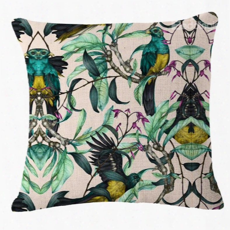 Hand-painted Tropical Birds And Foliage Plants Linen Throw Pillow