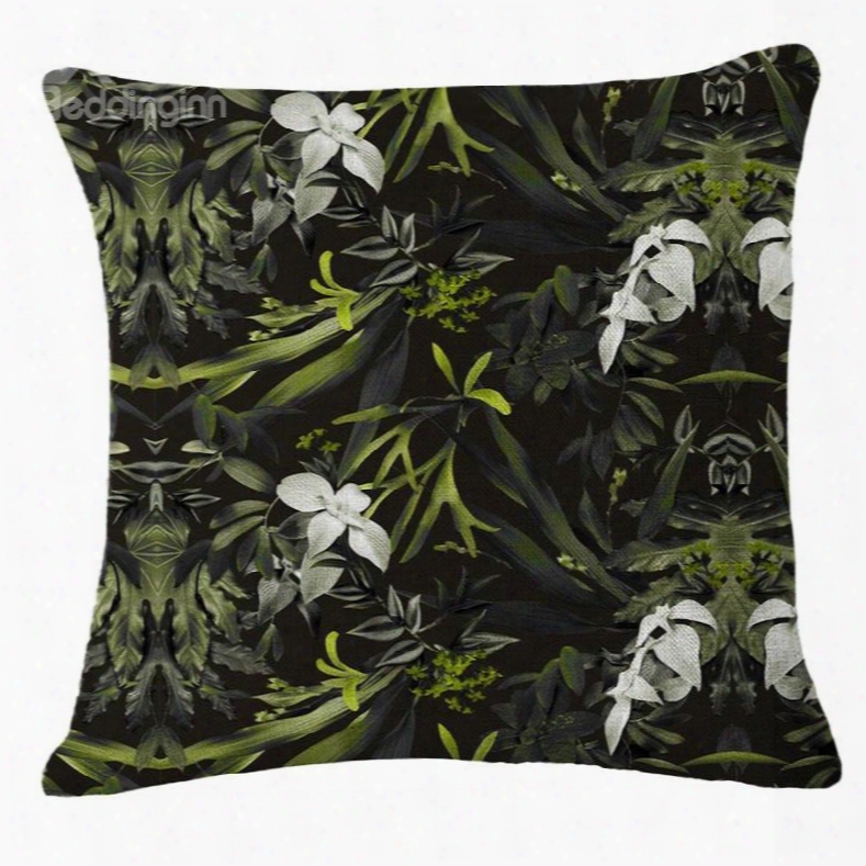 Hand-painted White Flowers And Tropical Plants Foliage Design Linen Throw Pillow