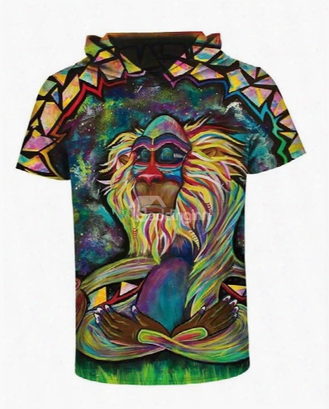 Indian Apes 3d Printed Short Sleeve Coloful For Men Hooded T-shirt