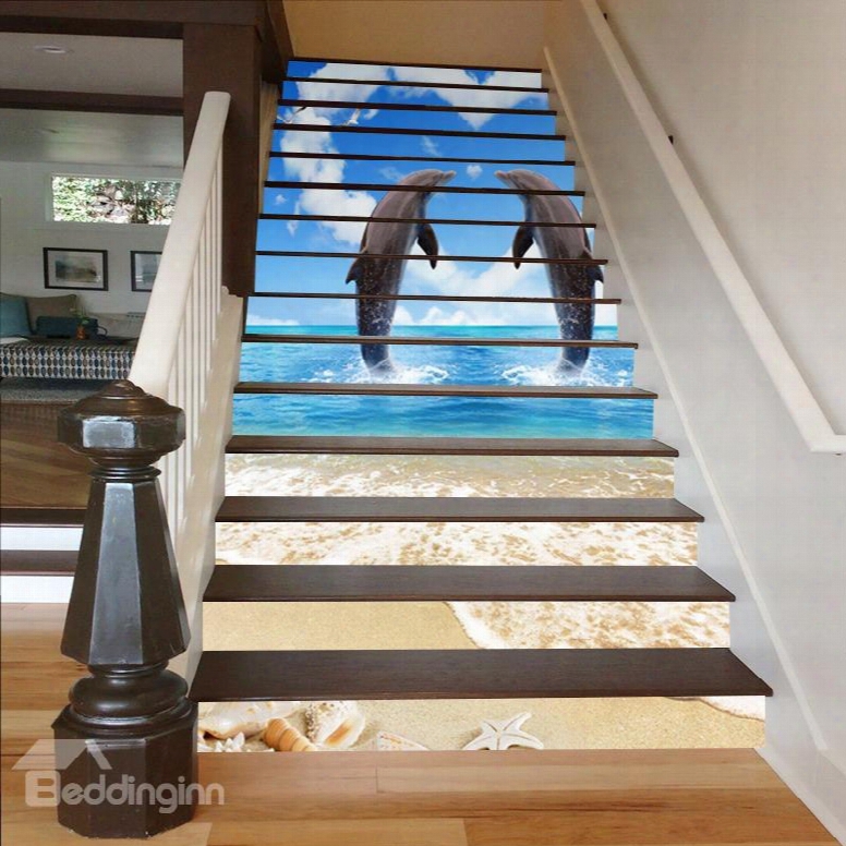 Jumping Dolphins And Heart-shaped Background 3d Waterproof Stair Murals