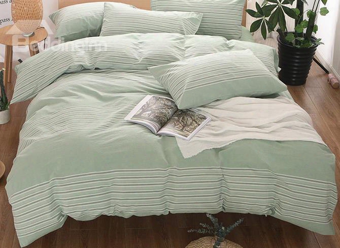 Light Green Stripe Print Modern Simple Style Cotton 4-piece Bedding Sets