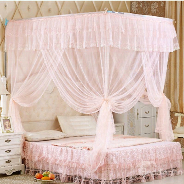 Light Pink U-shape Rail Stainless Steel Bracket Polyester Retractable Bed Nets