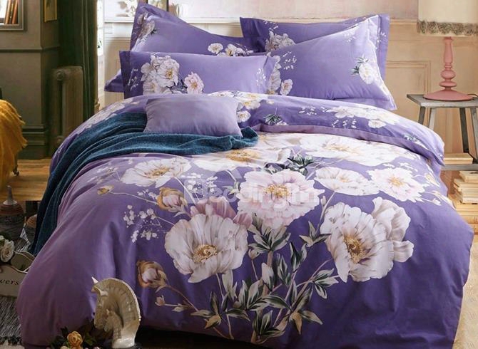 Likable Country Blooms Print Purple 4-piece Cotton Duvet Cover Sets