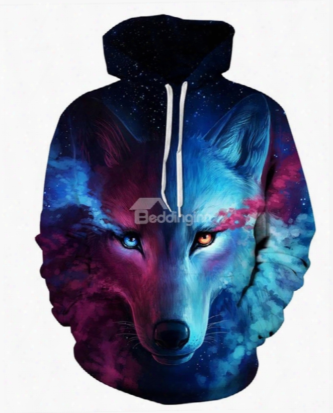 Long Sleeve Wolf Face Color Block Blue Red 3d Pattern Hoodies