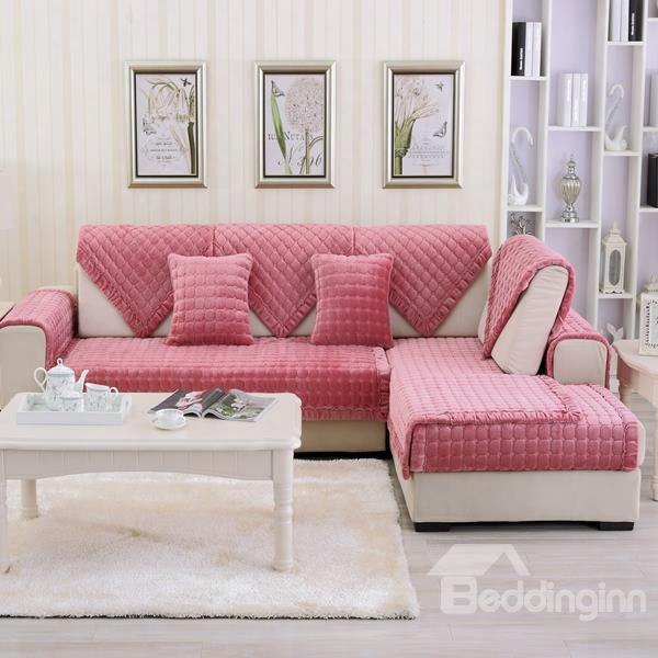 Lovely Pink Comfortable Thicken Flnnel Four Seasons Square Block Design Slip Resistant Sofa Covers