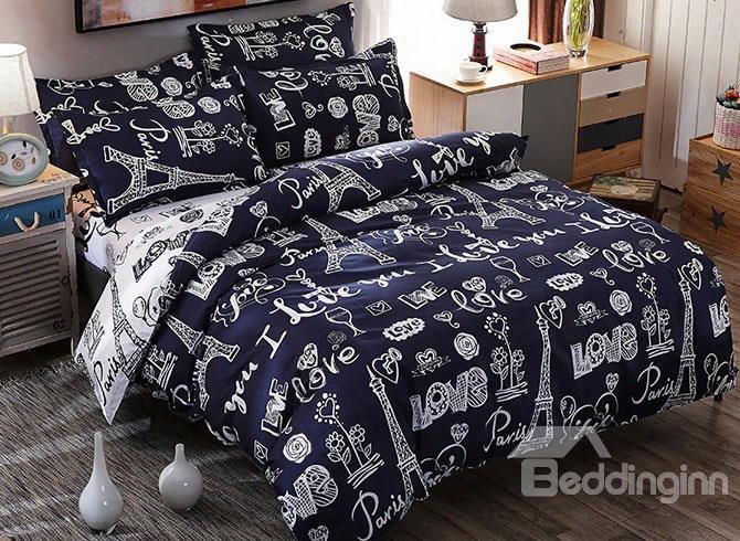 Modern Eiffel Tower And Multi Patterns Polyester 4-piece Neutral Bedding Sets