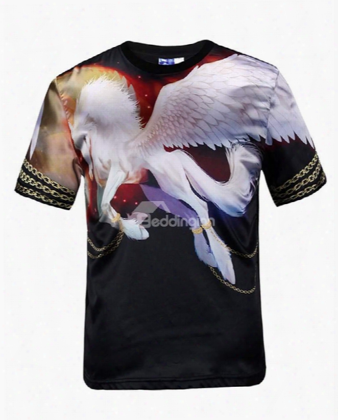 Modern Round Neck Horse W1th Wing Pattern Black 3d Painted T-shirt