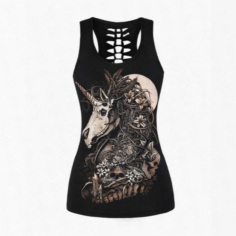 Moon Unicorn Skull Floral Printing Sleeveless Round Neck Exercise 3d Tank Top