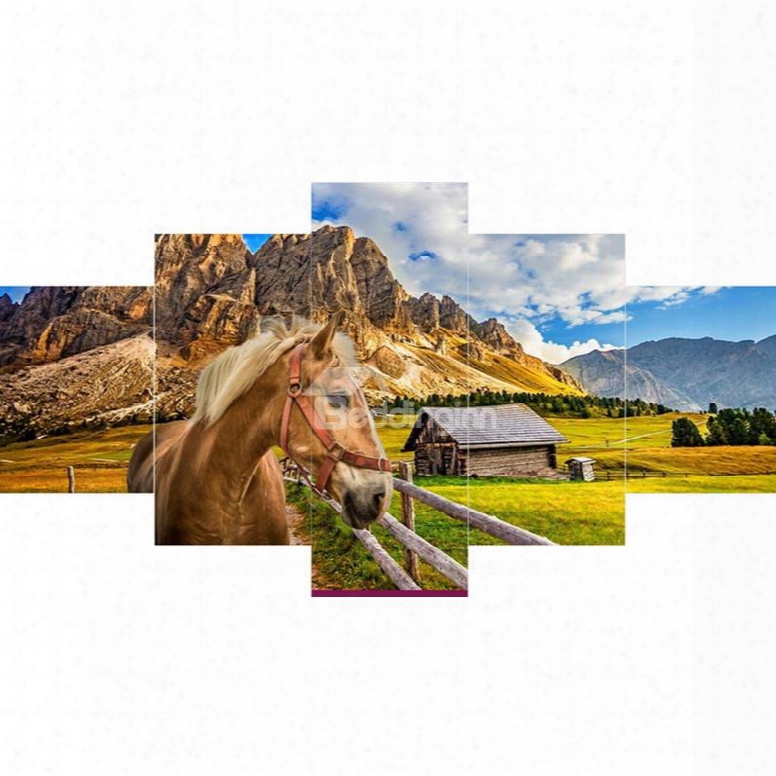 Mountains And Horse On Prairie Hanging 5-piece Canvas Eco-friendly And Waterproof Non-framed Prints