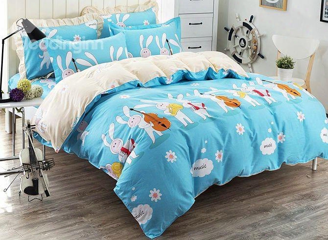 Musical Instrument Rabbit Pattern Kids Cotton 4-piece Duvet Cover Sets