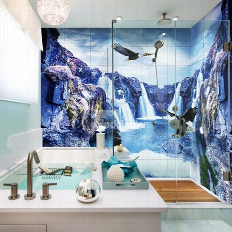 Natural Waterfalls And Eagles Pattern Waterproof 3d Bathroom Wall Murals