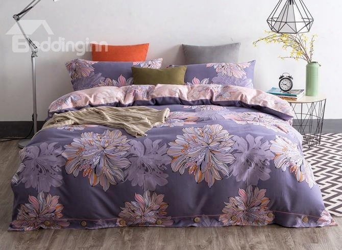 Noble Purple Flower Sketch Print 4-piece Cotton Duvet Cover Sets