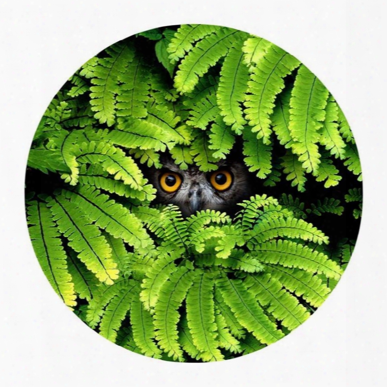 Owl Eyes Gazing Hiding Behind Green Leaves Pvc Nonslip Round Doormat