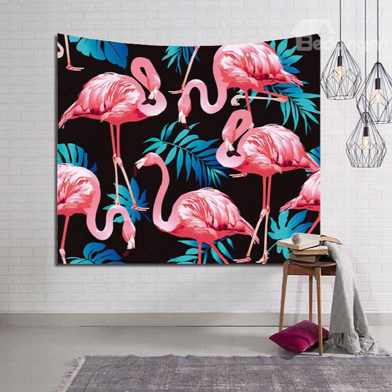 Pink Flamingos And Tropical Leaves Black Decorative Hanging Wall Tapestry