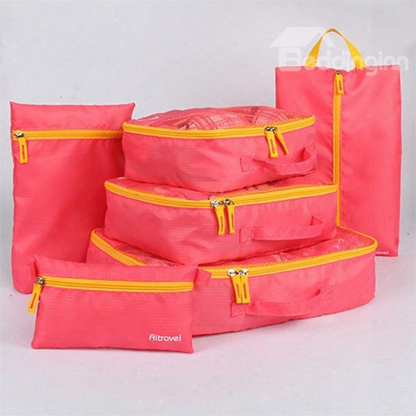 Pink Multi-functional 6pcs Travel Luggage Organizers With Shoes Bag And Makeup Bag