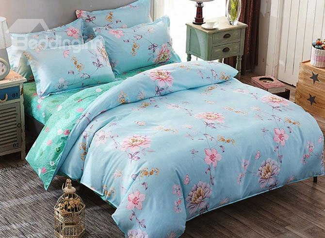 Pink Peonies And Butterfly Prints Polyester 4-piece Blue Bedding Sets/duvet Covers