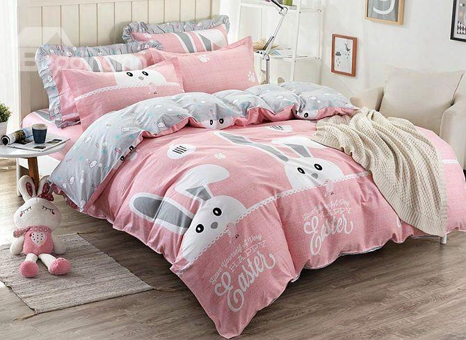 Rabbit Pattern Pink Kids Cotton 4-piece Duvet Cover Sets