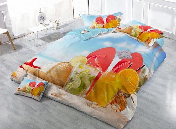 Relaxing Beach And Sea Scenery Print Satin Drill 4-piece Duvet Cover Sets