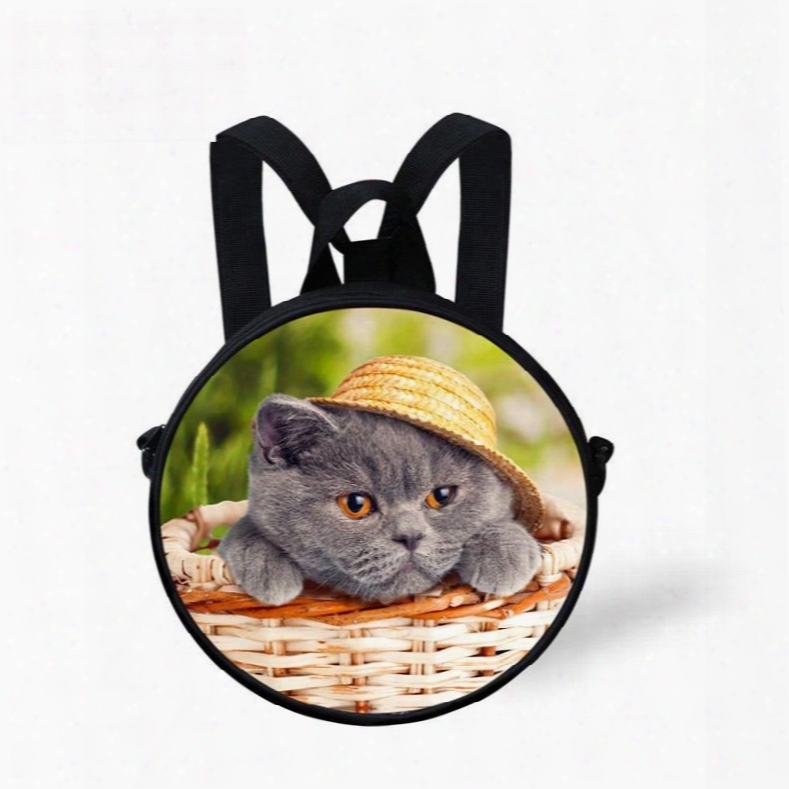 Round 3d Cat With Hat Pattern School Bag Shoulders Backpack