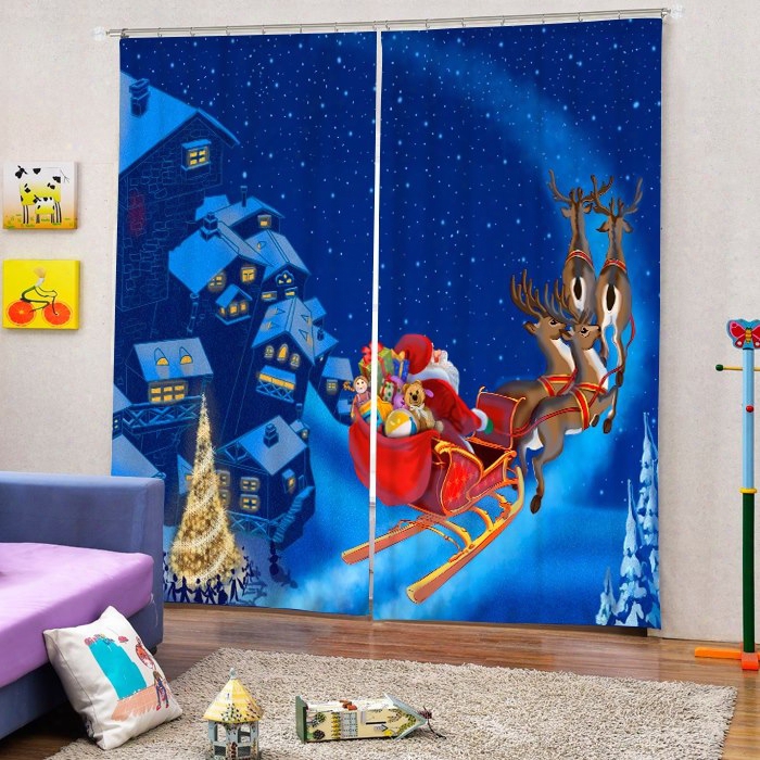 Santa Riding Reindeer In The Snnow Printing Christmas Theme Blue 3d Curtain