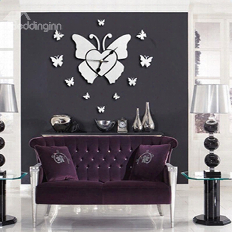 Silver Butterfly Mirror Acrylic Waterproof And Eco-friendly 1 Piece Wall Clock