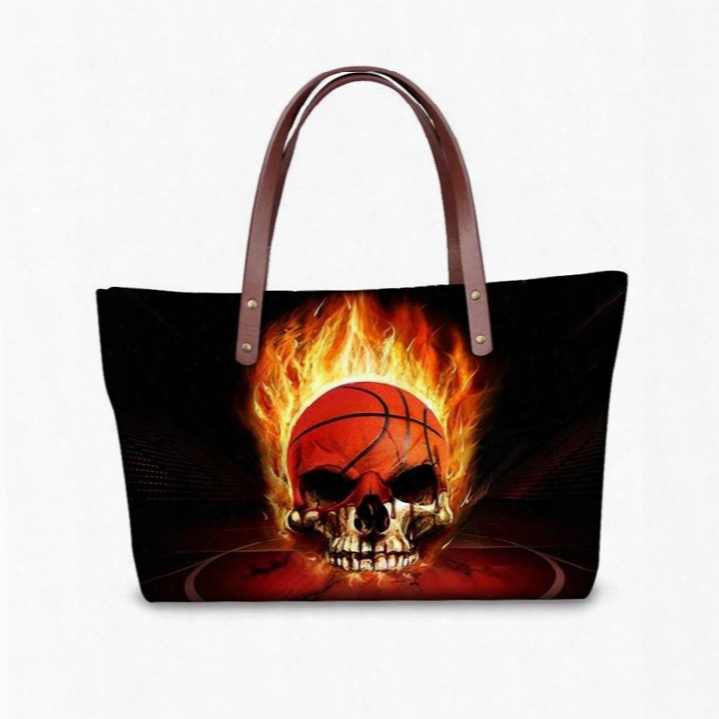 Skull Basketball Fire Waterproof Pattern Printed Shoulder Handbags