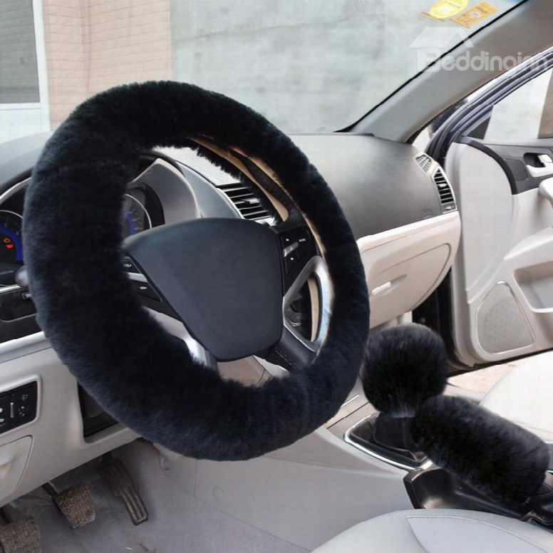 Solid Black Short Plush 3 -pieces Wool Material Medium Car Steering Wheel Cover