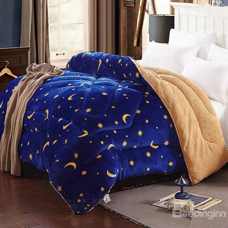 Stars And Moon Legend Blue Flannel And Berber Fleece Winter Quilts