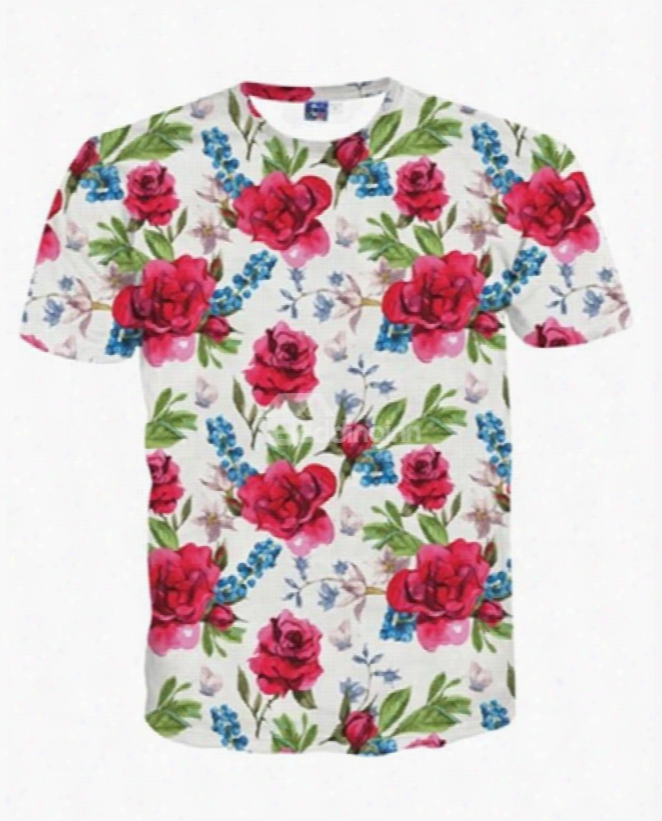 Stylish Round Neck Red Flowers Pattern 3d Painted T-shirt