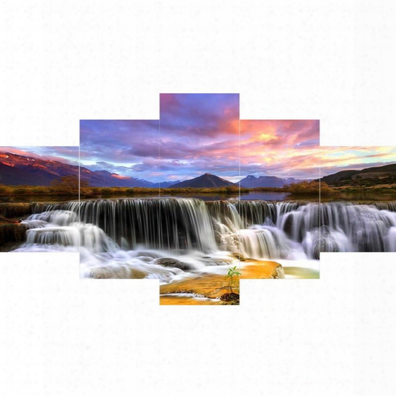 Sunset And Waterfall Hanging 5-piece Canvas Eco-friendly And Waterproof Non-framed Prints