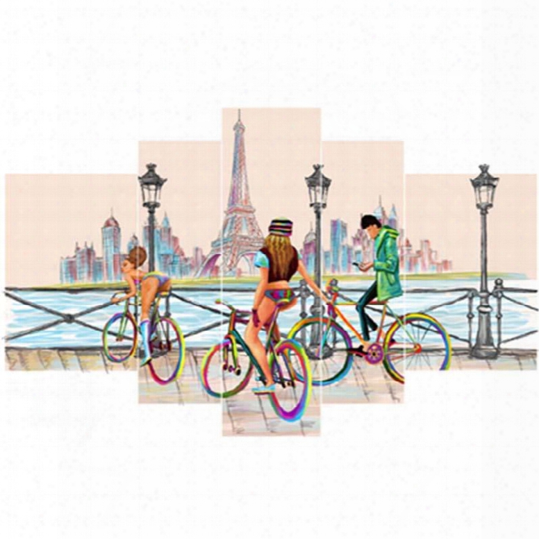 Tower And Teenagers Running Bicycles Beside Lake Hanging 5-piece Canvas Waterproof Non-framed Prints