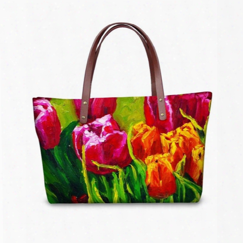 Tulip Floral Flowering Pattern Waterproof Sturdy 3d Printed Shoulder Handbags