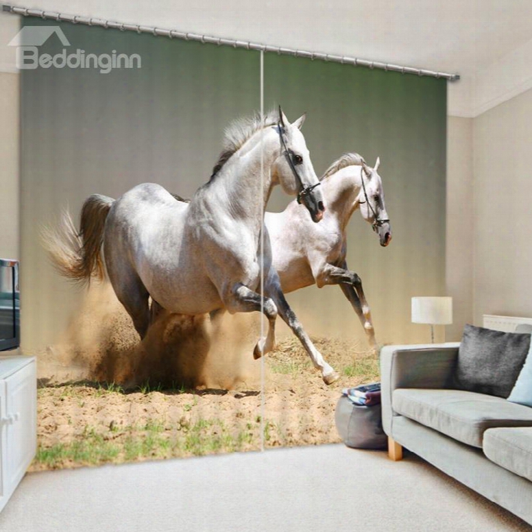 Two Running Horses On The Sand 3d Printed Decorative And Blackout Polyester Curtain