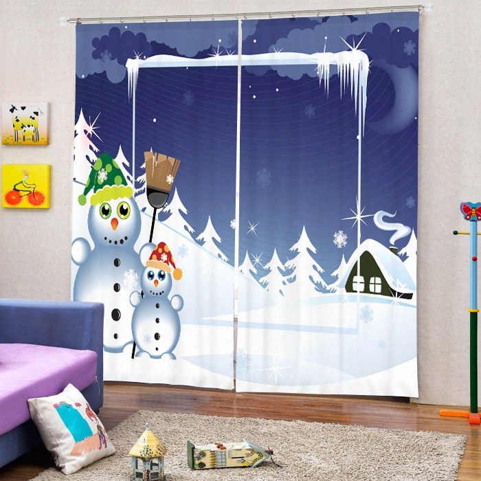 Two Snowmen Playing And Smiling Printing Christmas Theme 3d Curtain