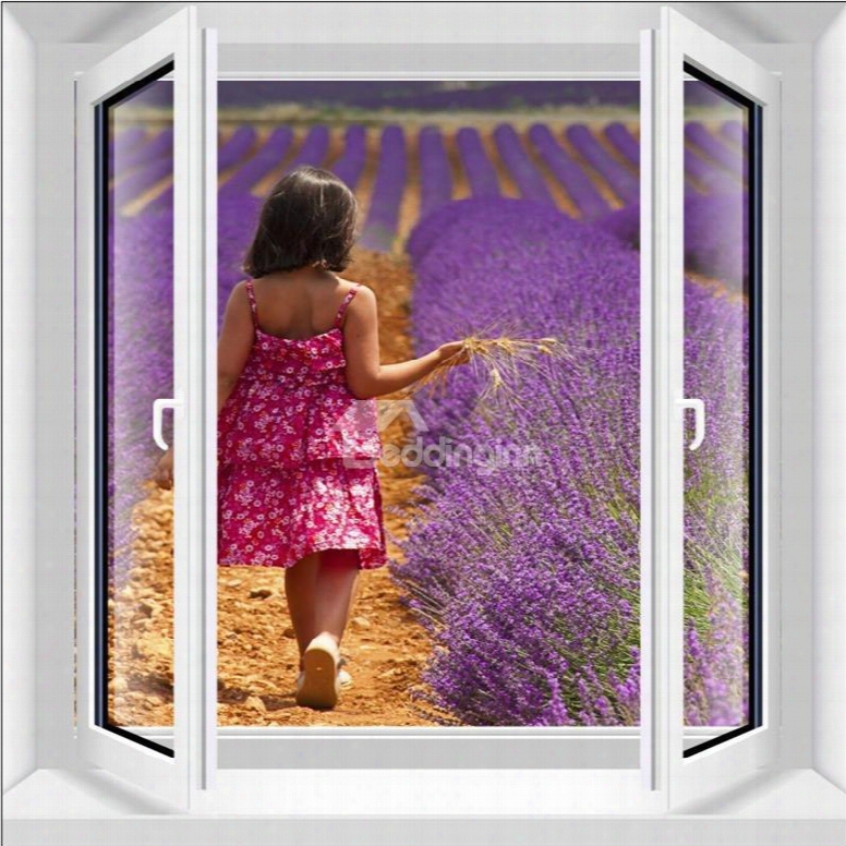 Unique Design A Beautiful Girl Walking On The Lavender Field Pattern 3d Wall Stickers