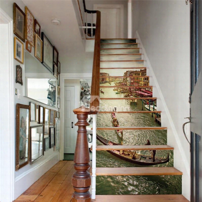 Water-town And Sunshine 13-piece Pvc 3d Waterproof Stair Murals