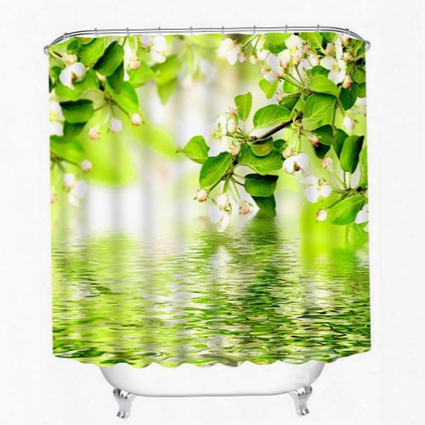 White Flowers And Green Leaves On The Water Print D3 Bathroom Shower Curtain