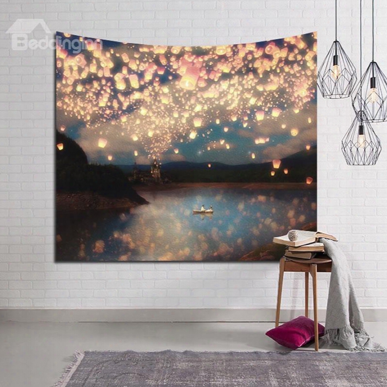 Wish And Love Lanterns Bright Sky Decorative Hanging Wall Tapestry