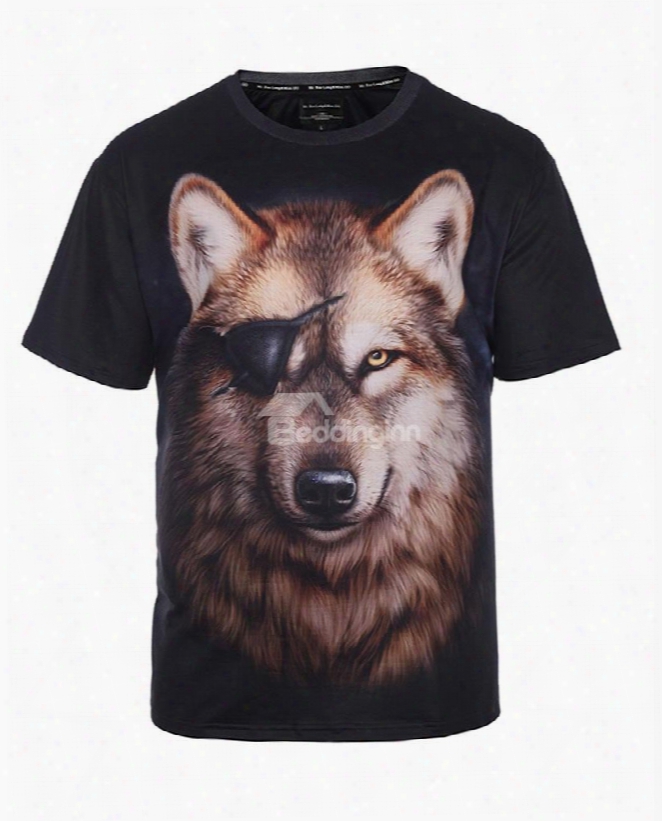 Wolf With One Eye In The Dark Short Sleeve Round Neck 3d Painted T-shirt