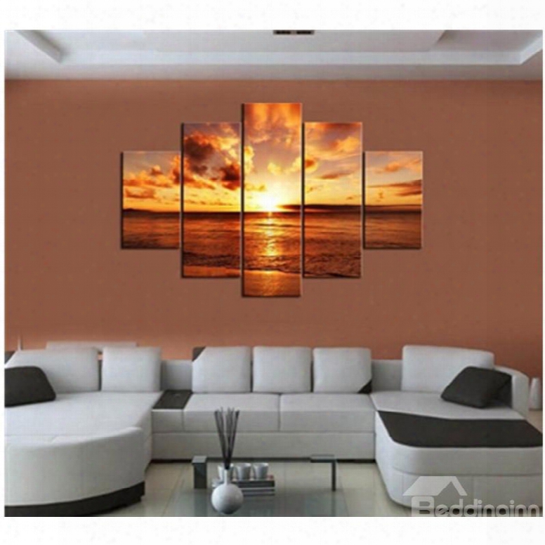 Yellow Sunrise On The Sea Han Ging 5-piece Canvas Non-framed Wall Prints