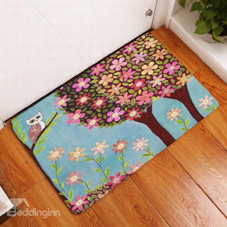 16␔24in Colorful Flowers And Tree Flannel Water Absorption And Nonslip Blue Bath Rug