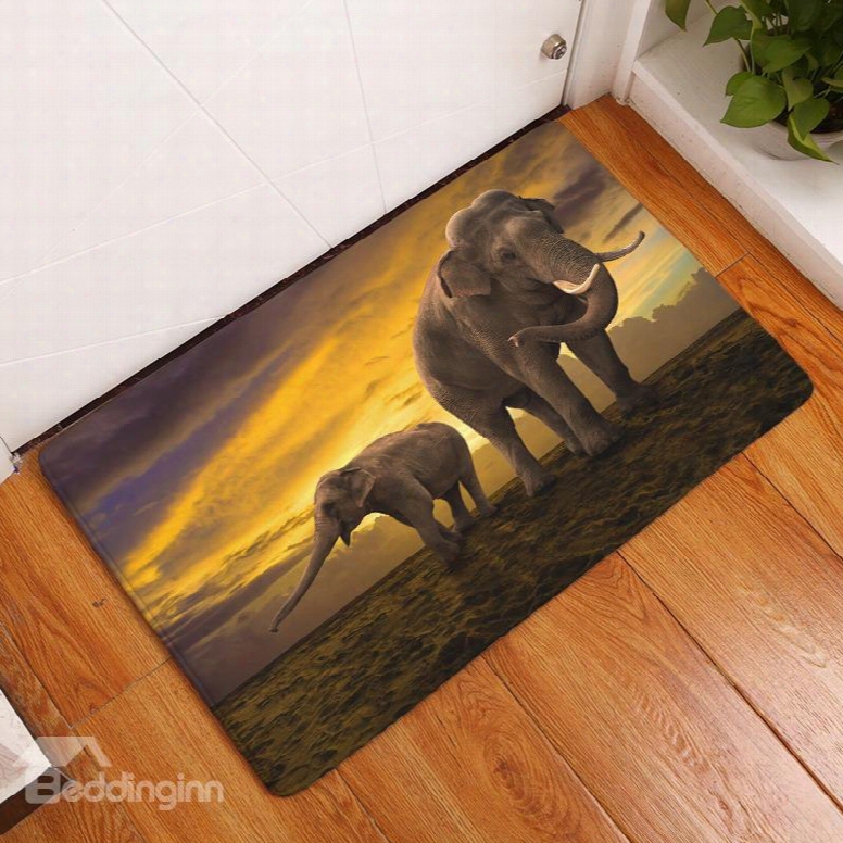 16␔24in Elephants In Sunset Flannel Water Absorption Soft And Nonslip Bath Rug/mat