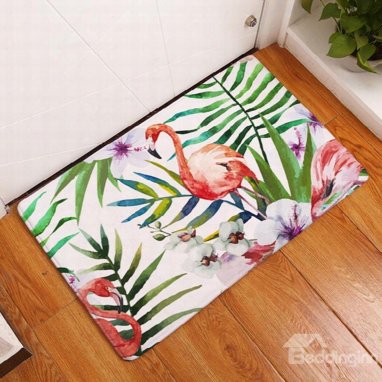 16␔24in Flamingo And Tropical Plants Flannel Water Absorption Soft And Nonslip Bath Rug/mat